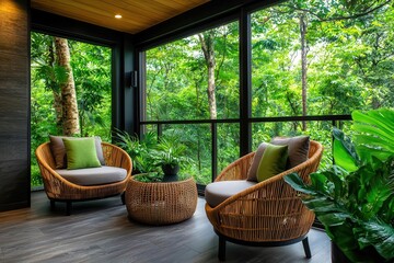 Fototapeta premium Eco-friendly sunroom with rattan chairs, recycled materials, and abundant natural light, Eco-Friendly Furniture, Sustainable Sunroom