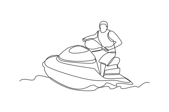 recommend clip art: Single continuous line drawing of young man drive jet ski at the sea. Sea activity minimalist concept. Trendy one line draw design vector graphic illustration