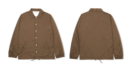 Brown long sleeved button up coach jacket with drawstring hem, ideal for fashion websites, clothing catalogs, and autumn themed designs, showcasing trendy outerwear.