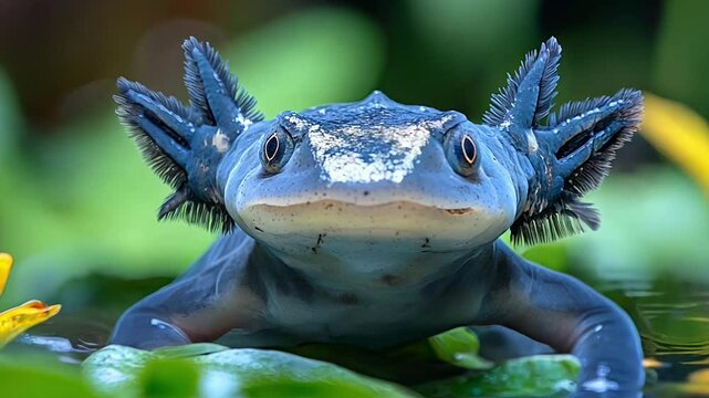 An axolotl glides gracefully through a peaceful pond filled with lily pads and bright yellow flowers, displaying its striking blue hue and unique external gills.