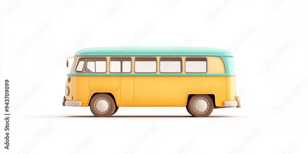 Poster a 3d single icon of a vintage bus depicted in a simple nostalgic style with soft colors and rounded 