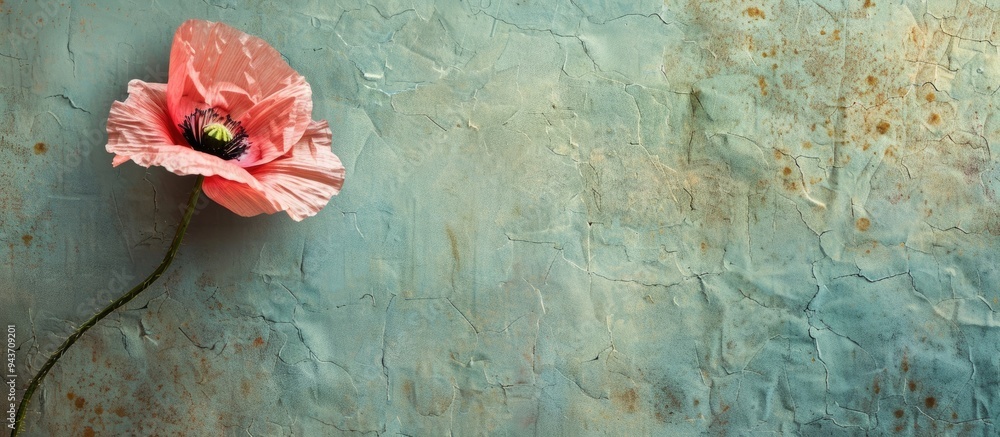 Poster textured vintage paper background featuring a pink poppy flower. with copy space image. place for ad