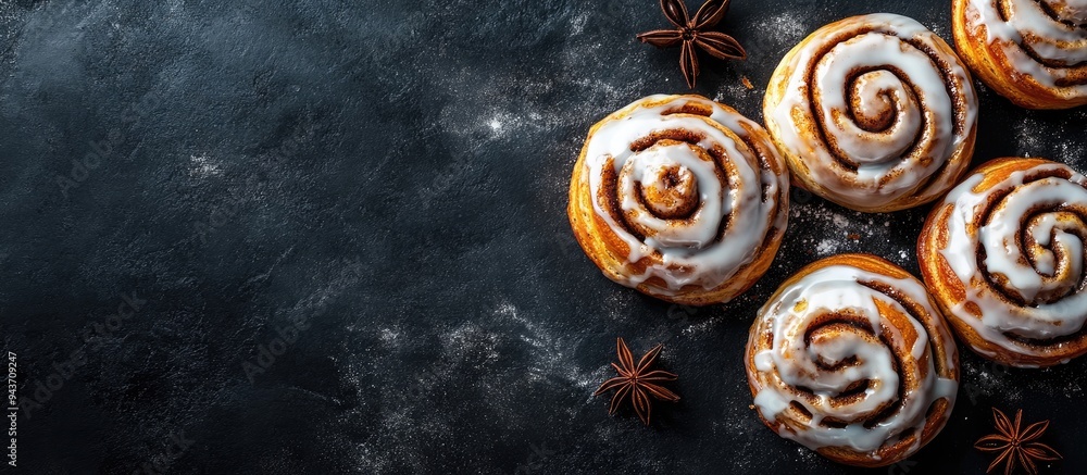 Poster homemade cinnamon buns with glaze on a dark table dark background copy space viewed from above