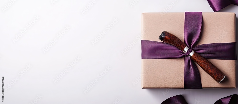 Aufkleber violet necktie gift box with a white ribbon brown craft paper envelope and smoking tobacco pipe on a