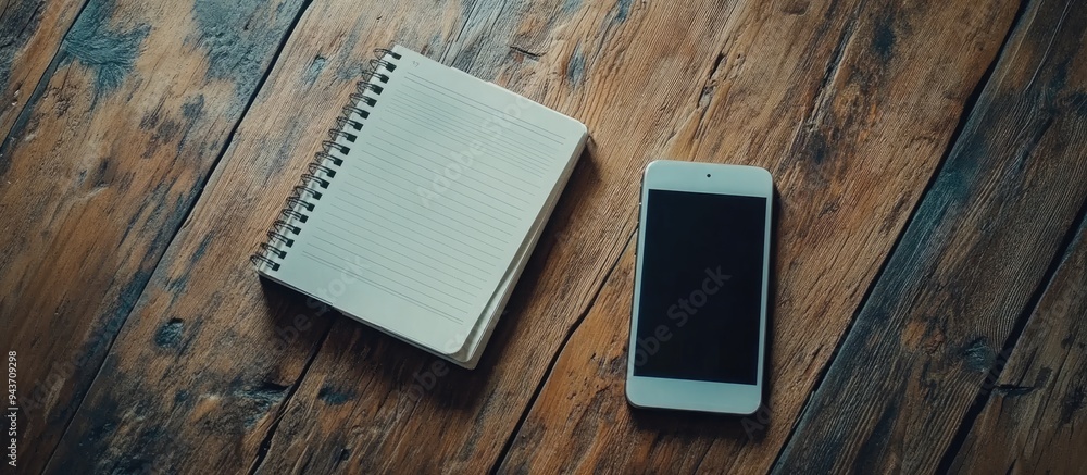 Poster notebook and smartphone on a wooden surface with space for text. with copy space image. Place for adding text or design