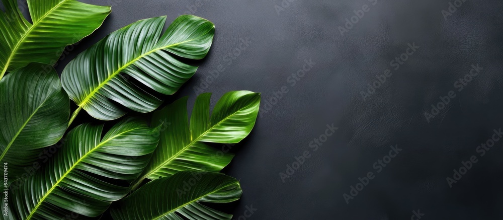 Poster creative simple background featuring tropical leaves tropical palm leaves against a gray black backd