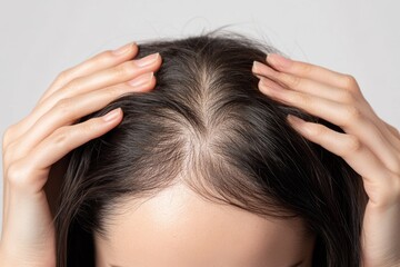 Close up photography capturing hair loss  hands examining thinning hair and bald spots on scalp