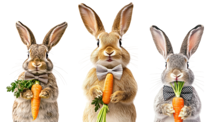 Three cute bunnies with bow ties holding carrots. Transparent background