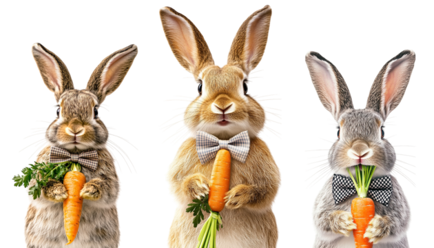 Three cute bunnies with bow ties holding carrots. Transparent background