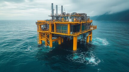 An ocean platform operates a carbon capture and storage project, surrounded by water and coastal terrain.
