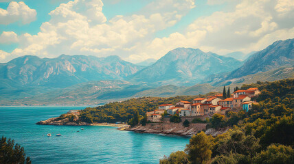 Fototapeta premium A tranquil coastal village nestled against mountains by the sea on a sunny day with scattered clouds and crystal-clear blue waters