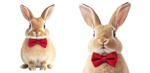 Adorable bunny wearing a red bow tie. Transparent background