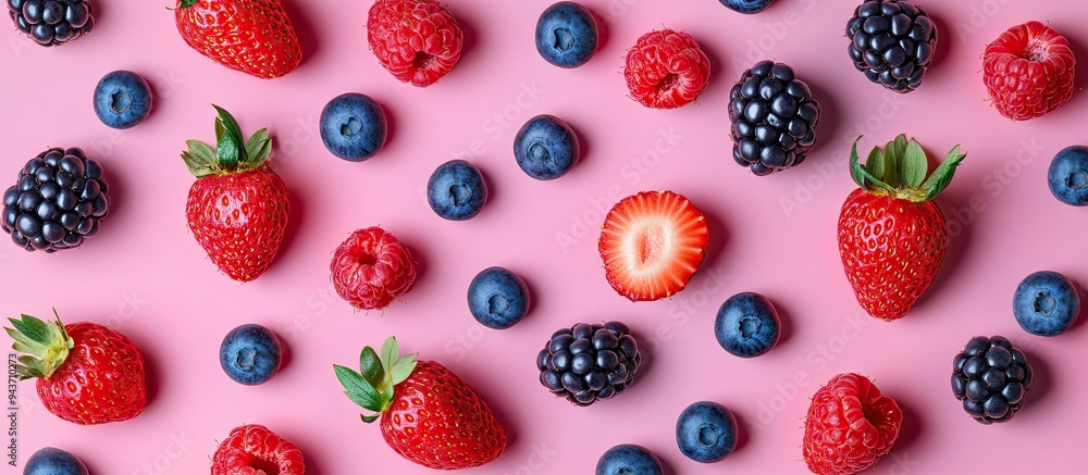 Aufkleber Strawberries and blueberries on a pink background top view. with copy space image. Place for adding text or design
