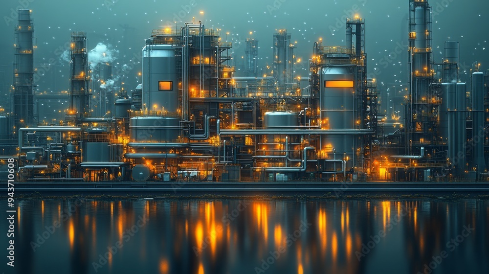 Poster an interactive map displays the flow of materials through a busy chemical processing facility illumi