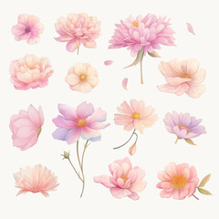 Set of Aesthetic Pink Flower Watercolor Clipart