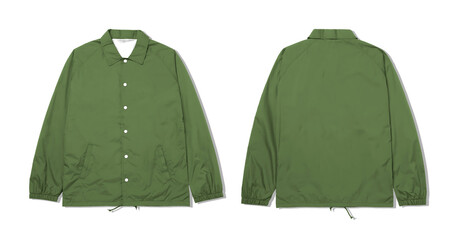 Green coach jacket with white buttons, front and back views. Suitable for fashion