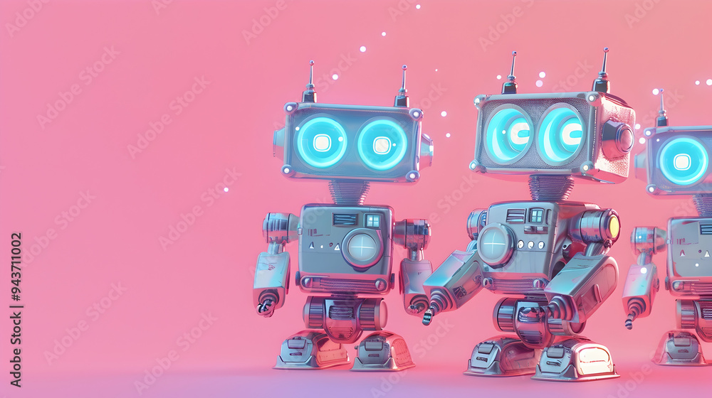 Poster three tiny toy robots on a pink background