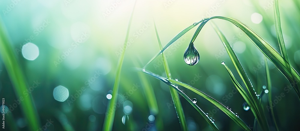 Fototapete Close up of fresh grass with dew drops A drop hangs from the grass Spring themed image for the background. with copy space image. Place for adding text or design