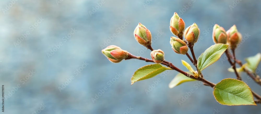 Aufkleber Close up texture background of serviceberry tree amelanchier arborea branches featuring newly opened flower buds and leaves in spring. with copy space image. Place for adding text or design
