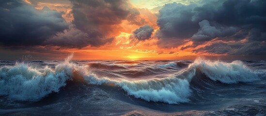 Fototapeta premium Baltic Sea beneath striking sunset clouds following a storm Waves and splashing water create an epic seascape Cyclone gale storm harsh weather meteorology ecology climate change natural occurrences