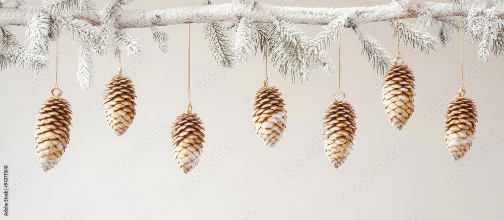 Poster Environmental themed Christmas tree with golden cones suspended from white birch branches. with copy space image. Place for adding text or design