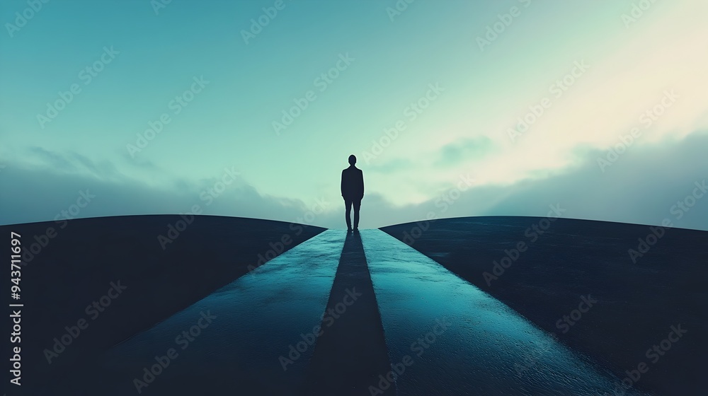 Poster silhouetted figure standing at a crossroads facing two divergent paths ahead with ample copy space f