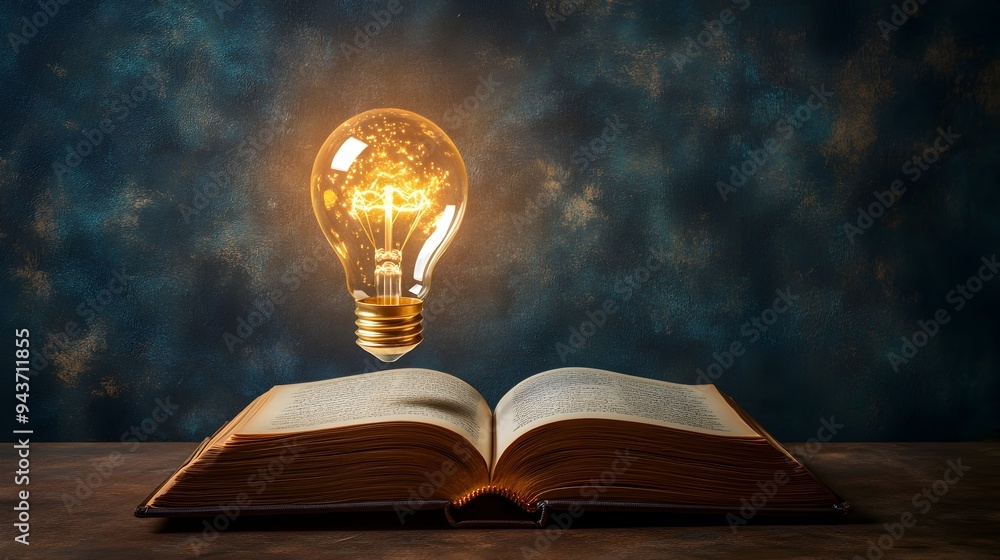 Poster glowing light bulb hovering above an open book representing a bright idea or flash of emerging from 