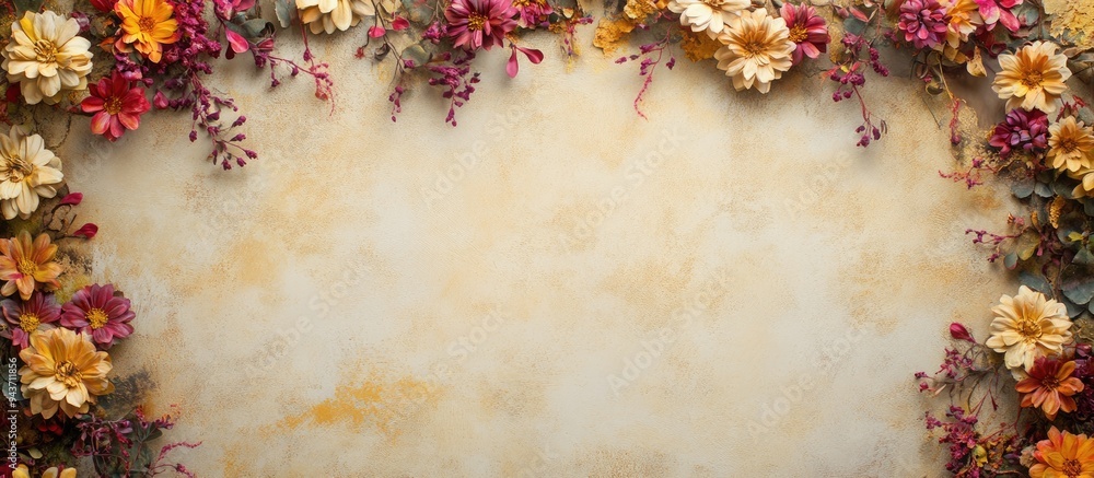 Poster textured vintage paper backdrop featuring garland chrysanthemum. with copy space image. place for ad