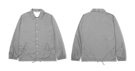 Gray coach jacket with front and back view, buttoned up. Apparel design, fashion catalog, garment concept, formal wear collection.