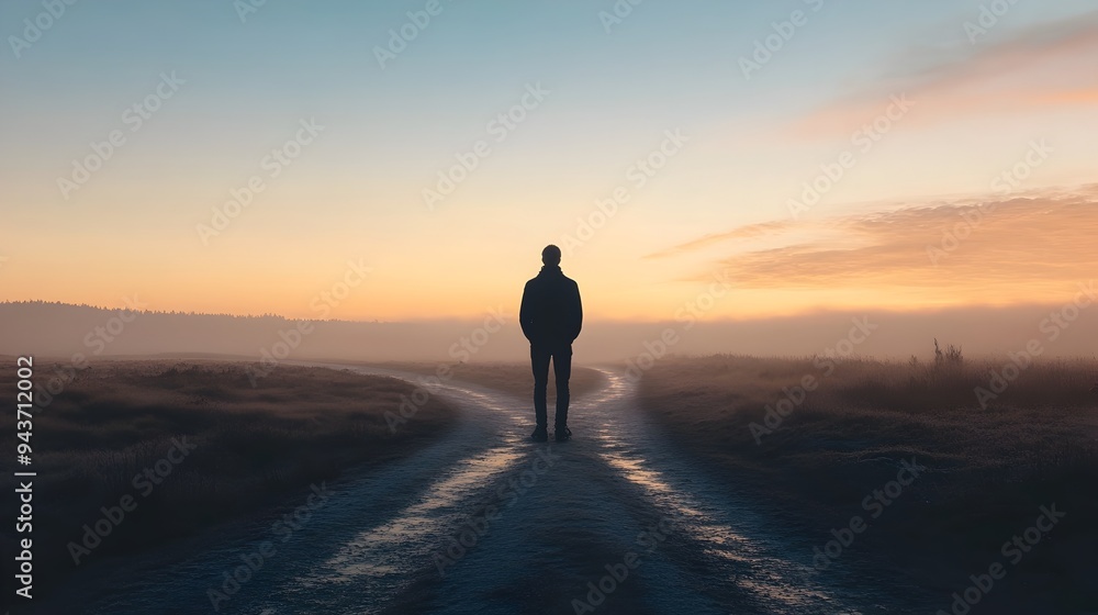Poster silhouetted figure of a person standing at a crossroads with two distinct pathways diverging in diff