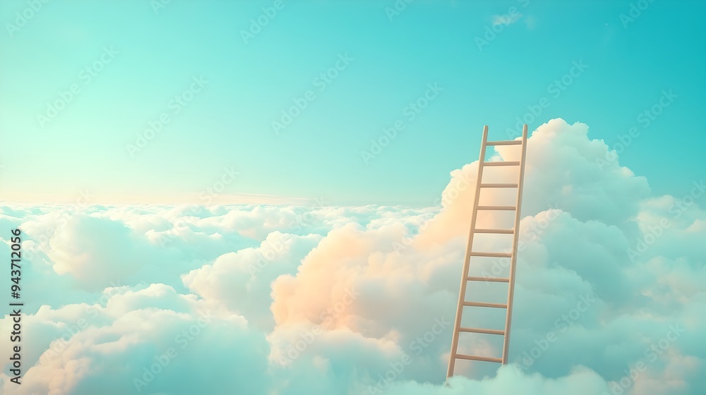 Poster a minimalist of a ladder reaching up into the clouds symbolizing ambition dreams and the pursuit of 