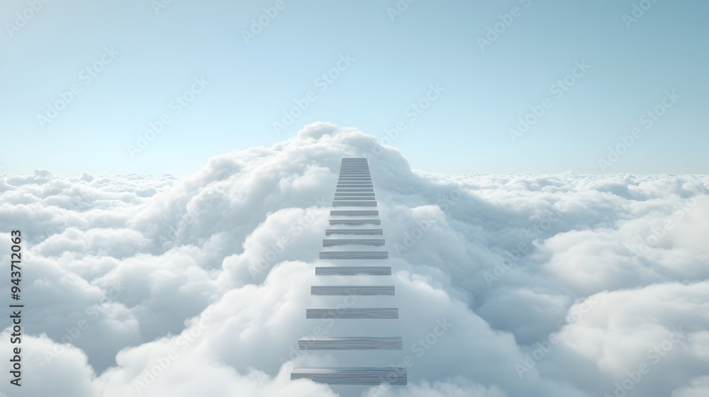 Poster ladder reaching up into clouds symbolizing ambition and dreams conceptual minimalist image with copy