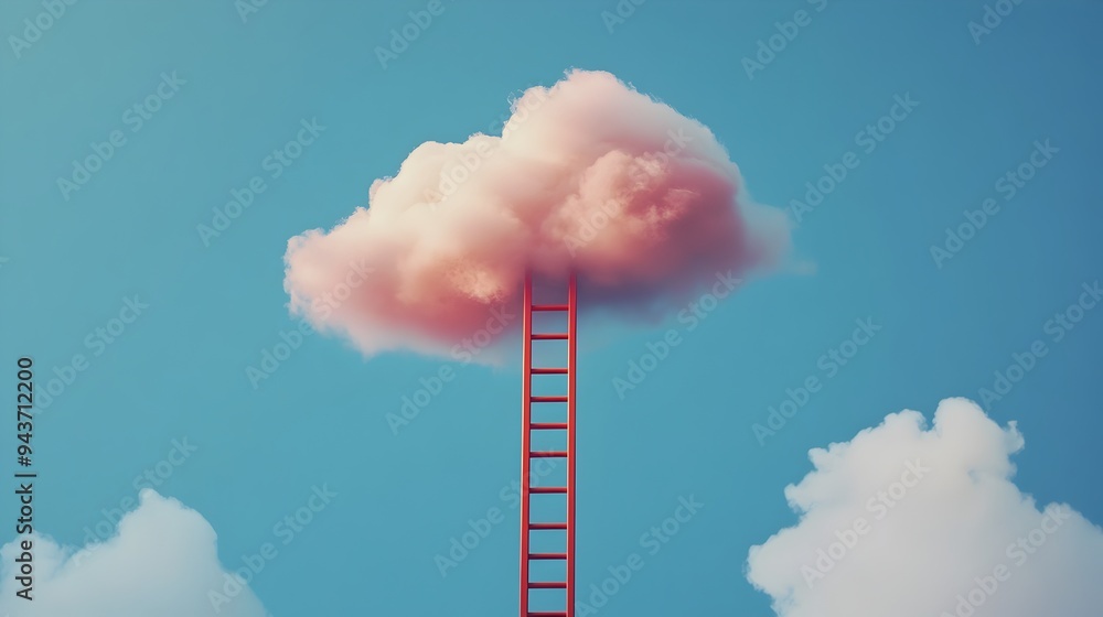Poster conceptual image of a simple ladder extending into a cloudy sky representing the pursuit of ambition