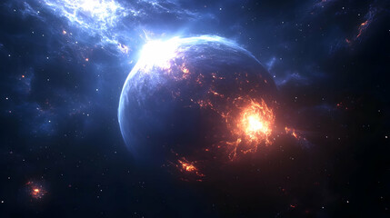 Naklejka premium A planet engulfed in flames with a blue glowing energy beam erupting from the surface.