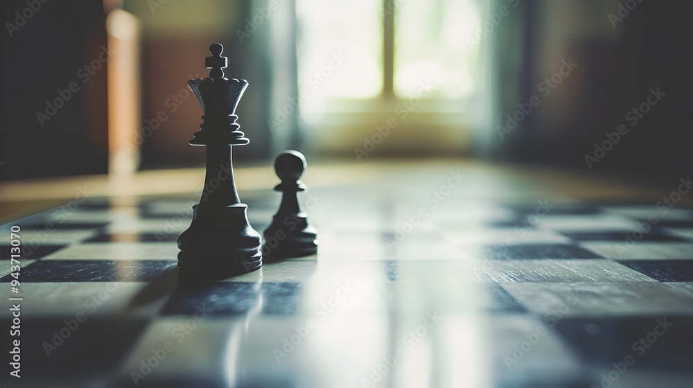 Poster minimalist chess board with only a king and pawn left symbolizing the final stages of a game where s