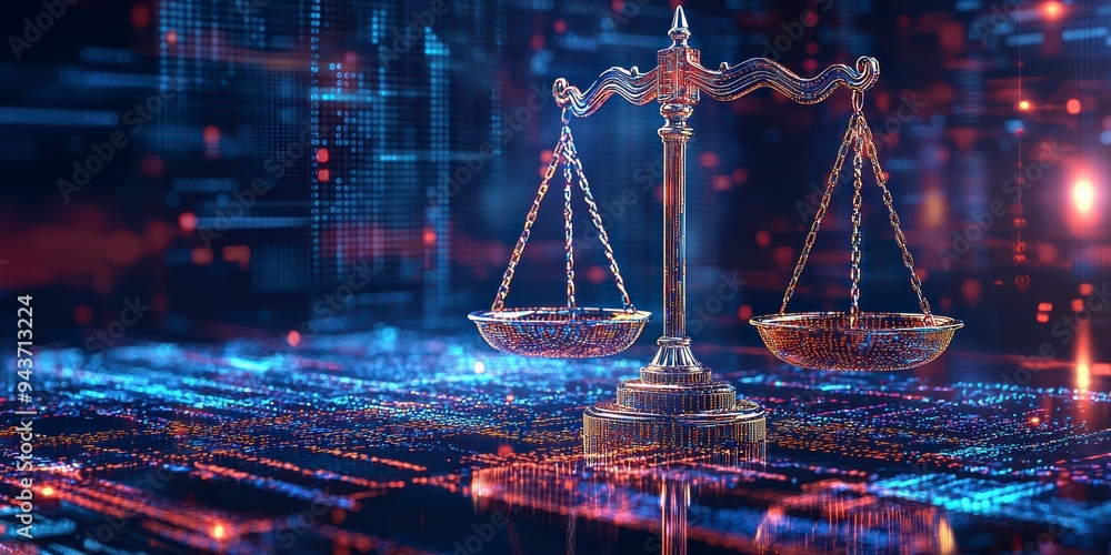 Poster the digital scales of justice against the backdrop of data and code symbolize the rule of law in the