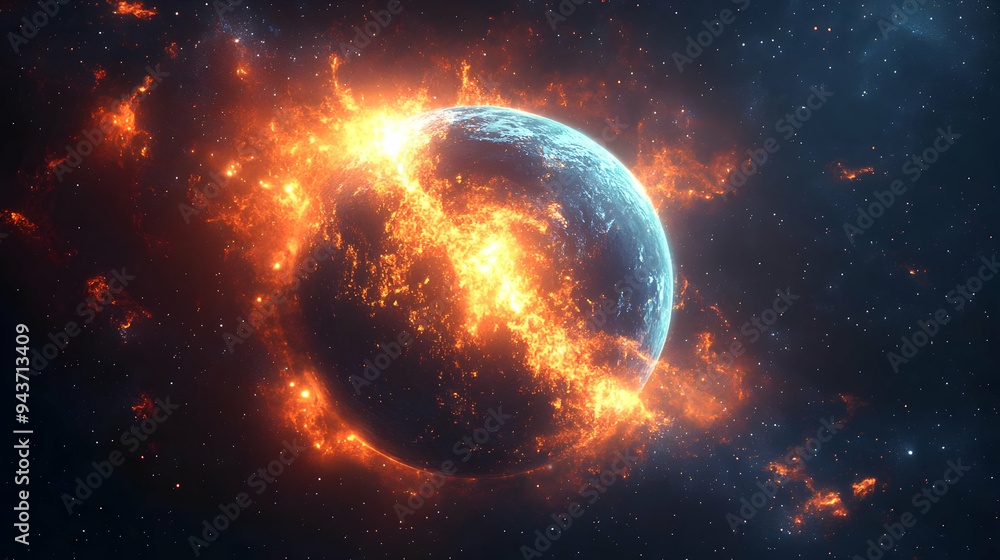 Poster a planet explodes with fire and light in a dark space with stars.