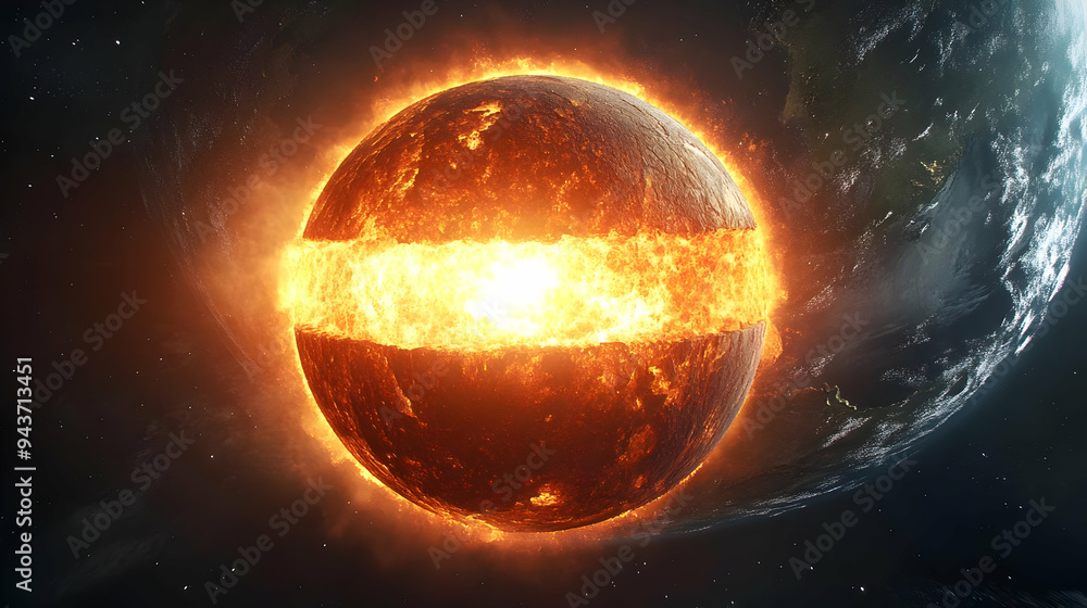 Poster a planet exploding with a fiery crack on its surface, against a background of stars and space.