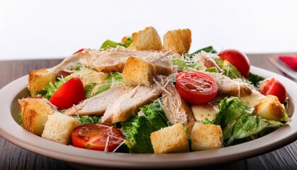 tasty chicken caesar salad featuring parmesan cheese tomatoes croutons and creamy dressing