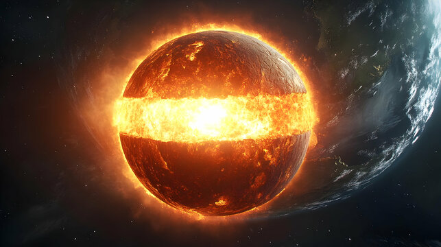 A planet exploding with a fiery crack on its surface, against a background of stars and space.