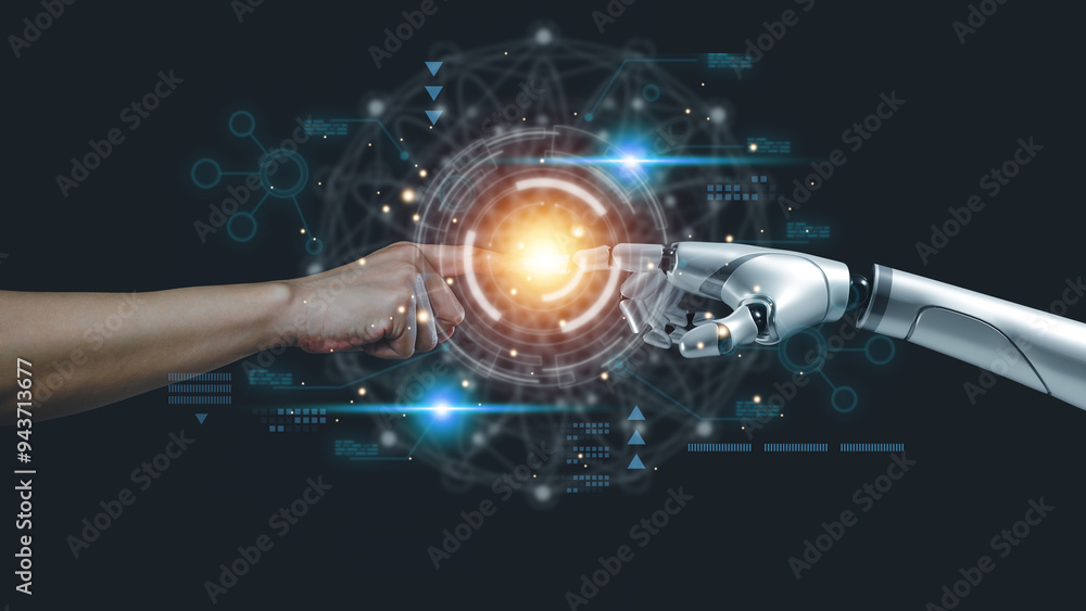 Aufkleber ai technology concept, machine learning, robot hand touching human hand. to connect with global data