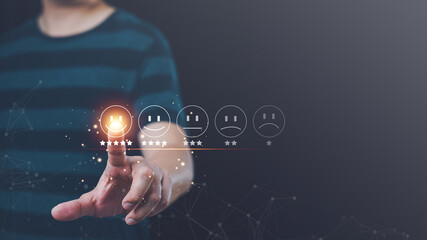 Casual business man touch happy smiley face icon button. Concept online technology for customer satisfaction survey