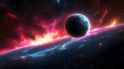 Obraz premium A planet in a cosmic storm with fiery clouds and a glowing horizon.