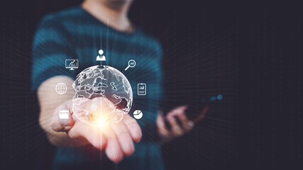 Man hand holding globe diagram connected to big data around the world. Concept of using the internet online networks around the world