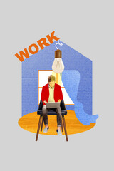 Vertical photo collage of serious businessman sit macbook device light ray distance comfort work isolated on painted background