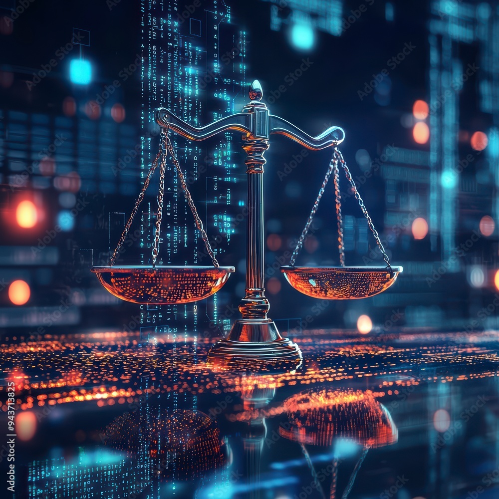 Poster the digital scales of justice against the backdrop of data and code symbolize the rule of law in the