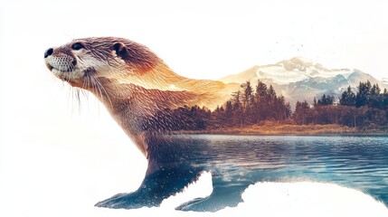 Fototapeta premium Otter with mountain and lake double exposure
