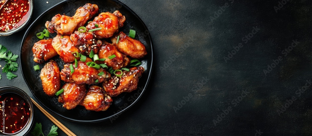 Poster chinese cuisine featuring steamed chicken wings with scallions and red pepper sauce. with copy space
