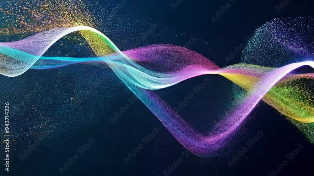 Poster abstract animation of undulating waves of colorful particles on a dark background, symbolizing techn