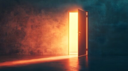 Door Opening to Reveal a Bright Light Symbolizing Opportunity and New Beginnings with Copy Space for Text Overlay